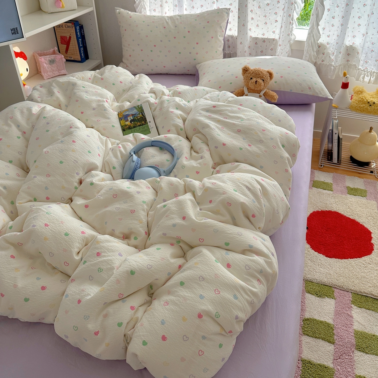 91家纺网 家纺一手货源 找家纺 顾里家纺 2025新款韩系奶萌云朵棉四件套 彩爱心