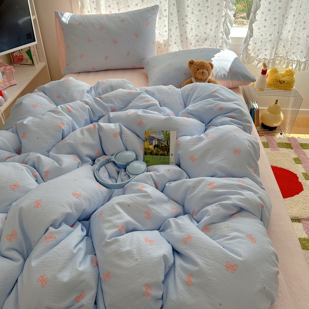 91家纺网 家纺一手货源 找家纺 顾里家纺 2025新款韩系奶萌云朵棉四件套 少女结