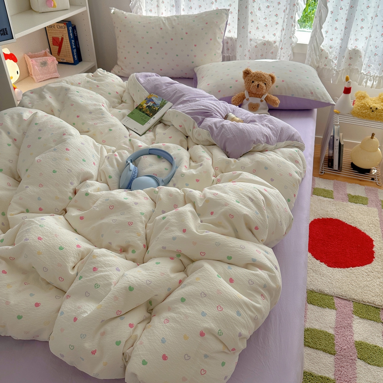 91家纺网 家纺一手货源 找家纺 顾里家纺 2025新款韩系奶萌云朵棉四件套 彩爱心