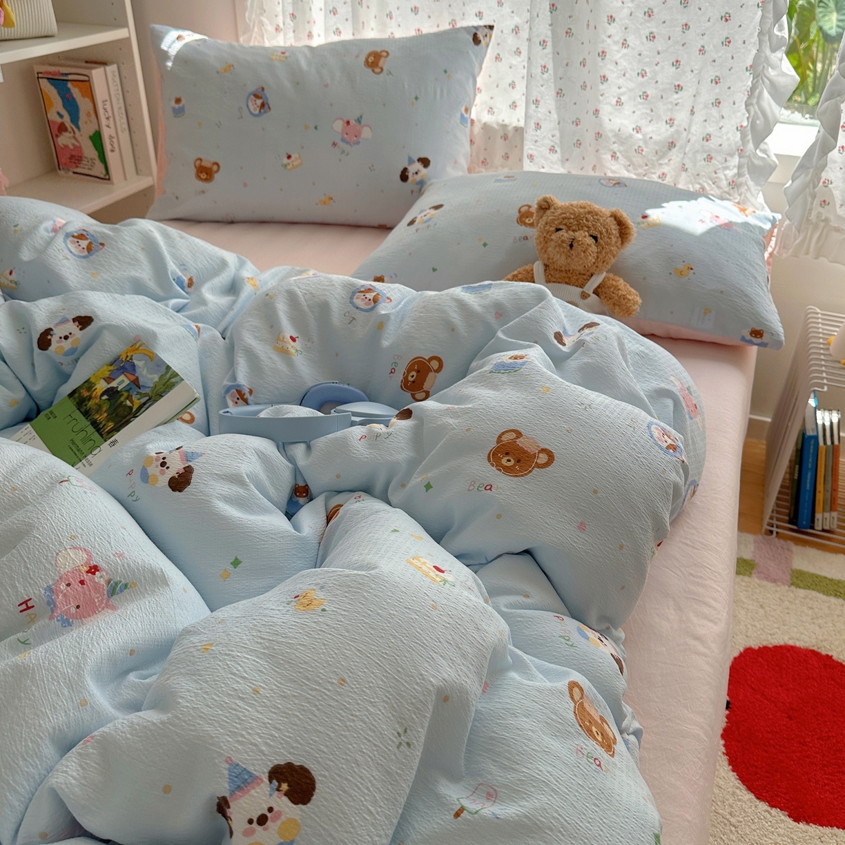 91家纺网 家纺一手货源 找家纺 顾里家纺 2025新款韩系奶萌云朵棉四件套 动物星球（蓝）