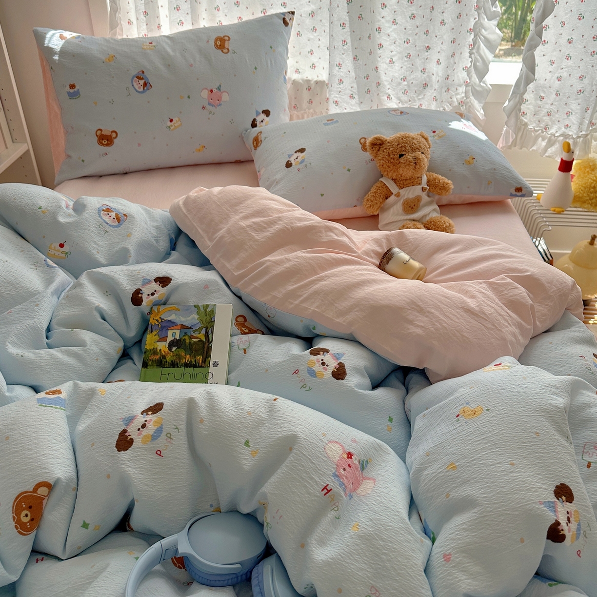 91家纺网 家纺一手货源 找家纺 顾里家纺 2025新款韩系奶萌云朵棉四件套 动物星球（蓝）