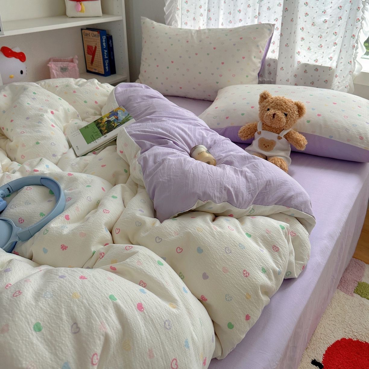 91家纺网 家纺一手货源 找家纺 顾里家纺 2025新款韩系奶萌云朵棉四件套 彩爱心