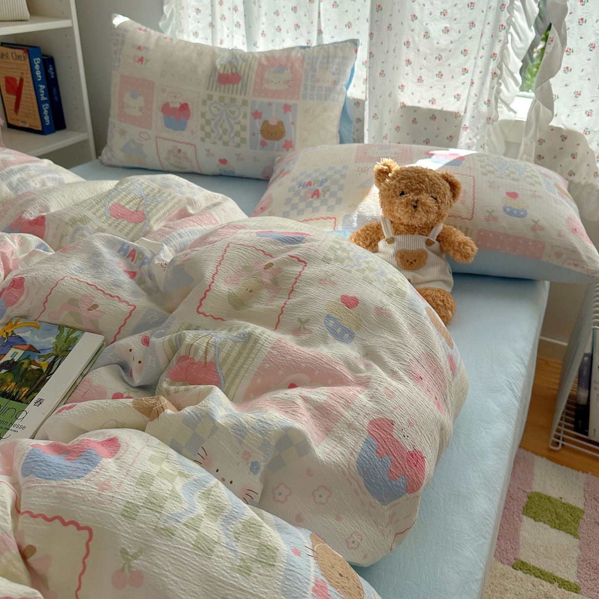 91家纺网 家纺一手货源 找家纺 顾里家纺 2025新款韩系奶萌云朵棉四件套 拼图好友