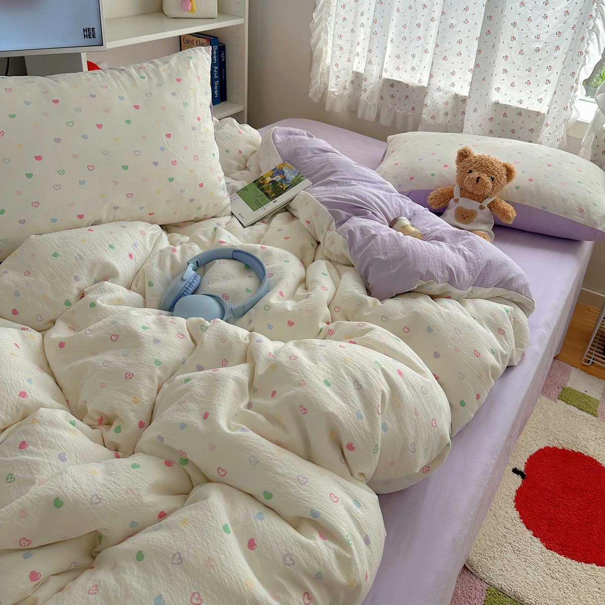 91家纺网 家纺一手货源 找家纺 顾里家纺 2025新款韩系奶萌云朵棉四件套 彩爱心