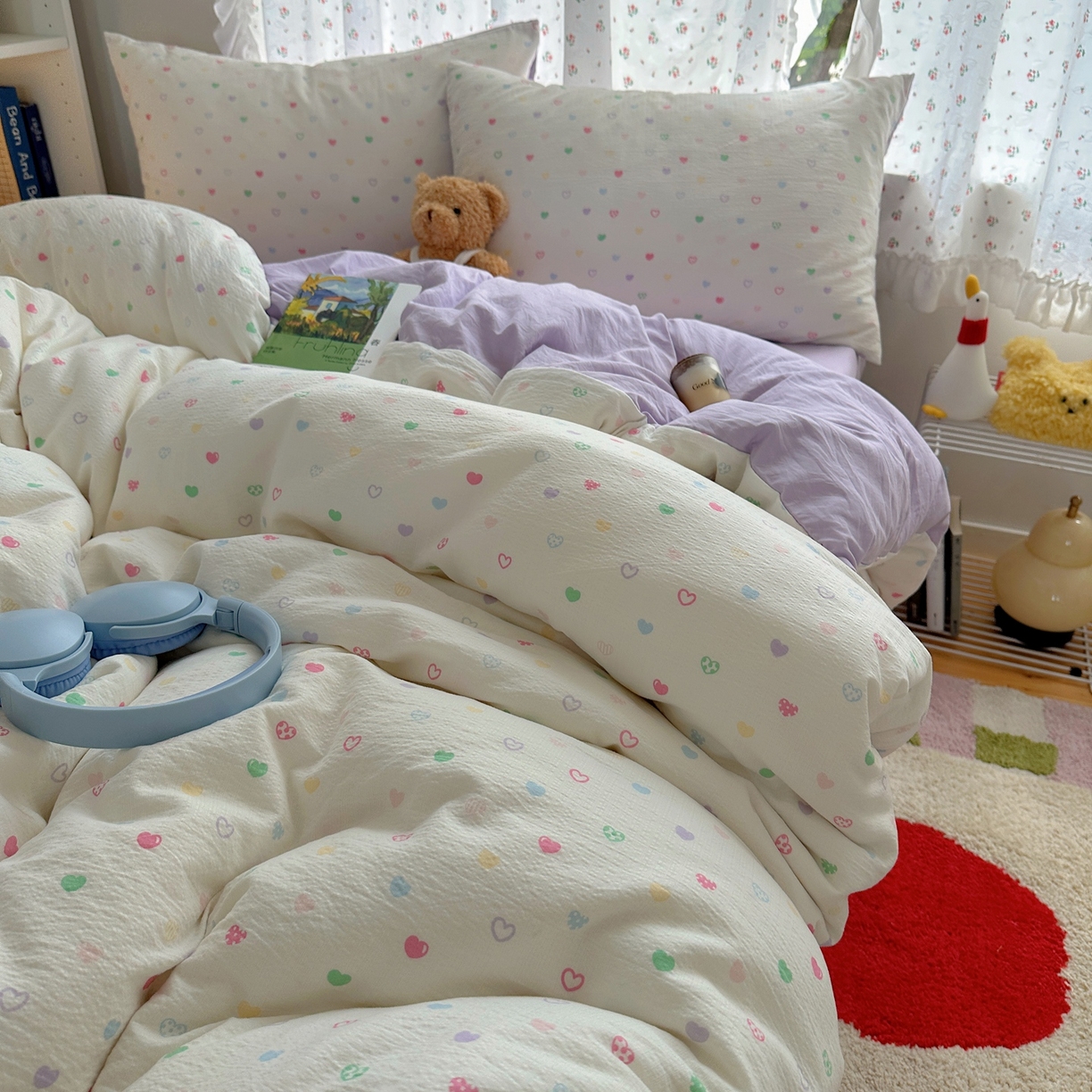 91家纺网 家纺一手货源 找家纺 顾里家纺 2025新款韩系奶萌云朵棉四件套 彩爱心