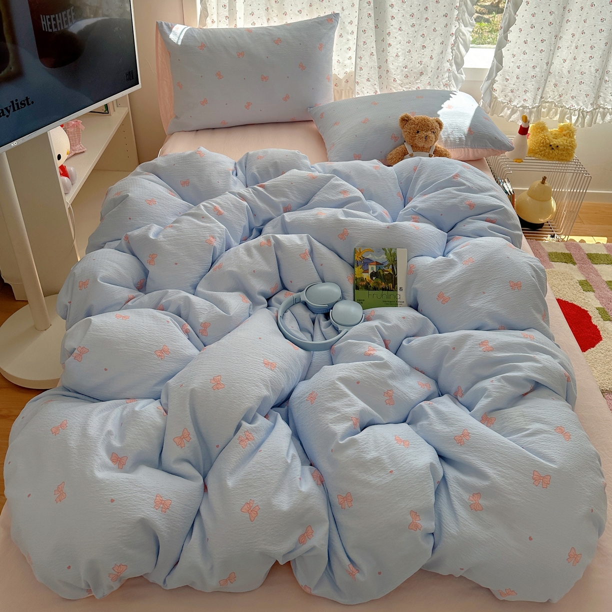 91家纺网 家纺一手货源 找家纺 顾里家纺 2025新款韩系奶萌云朵棉四件套 少女结