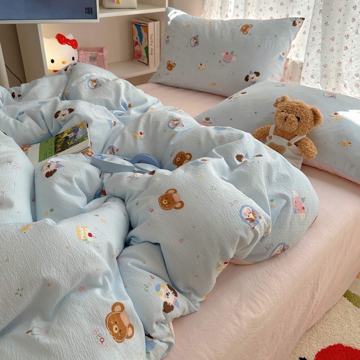 91家纺网 家纺一手货源 找家纺 顾里家纺 2025新款韩系奶萌云朵棉四件套 动物星球（蓝）