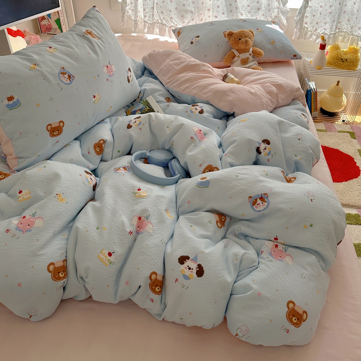 91家纺网 家纺一手货源 找家纺 顾里家纺 2025新款韩系奶萌云朵棉四件套 动物星球（蓝）