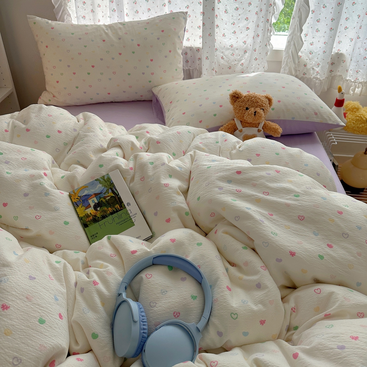 91家纺网 家纺一手货源 找家纺 顾里家纺 2025新款韩系奶萌云朵棉四件套 彩爱心
