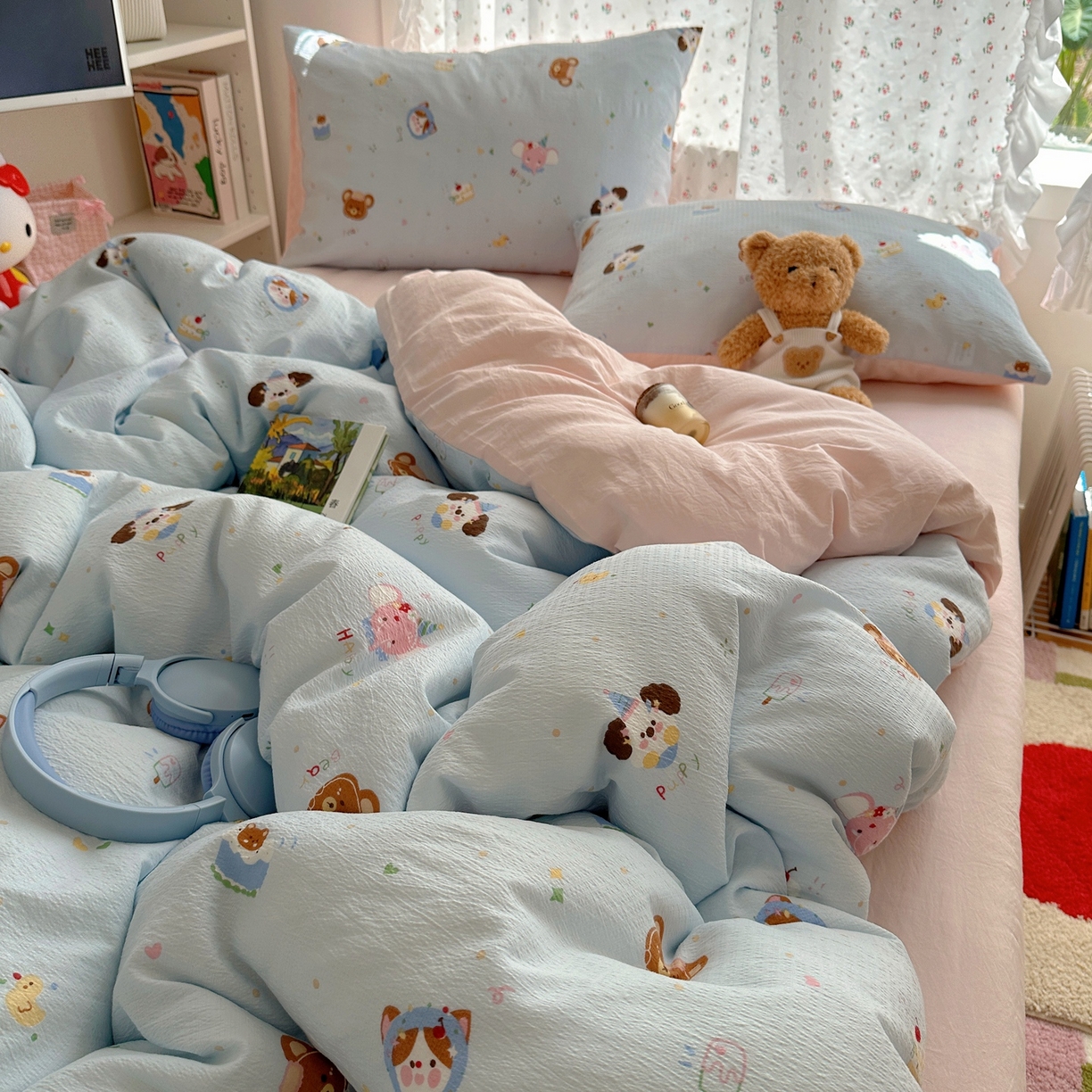 91家纺网 家纺一手货源 找家纺 顾里家纺 2025新款韩系奶萌云朵棉四件套 动物星球（蓝）