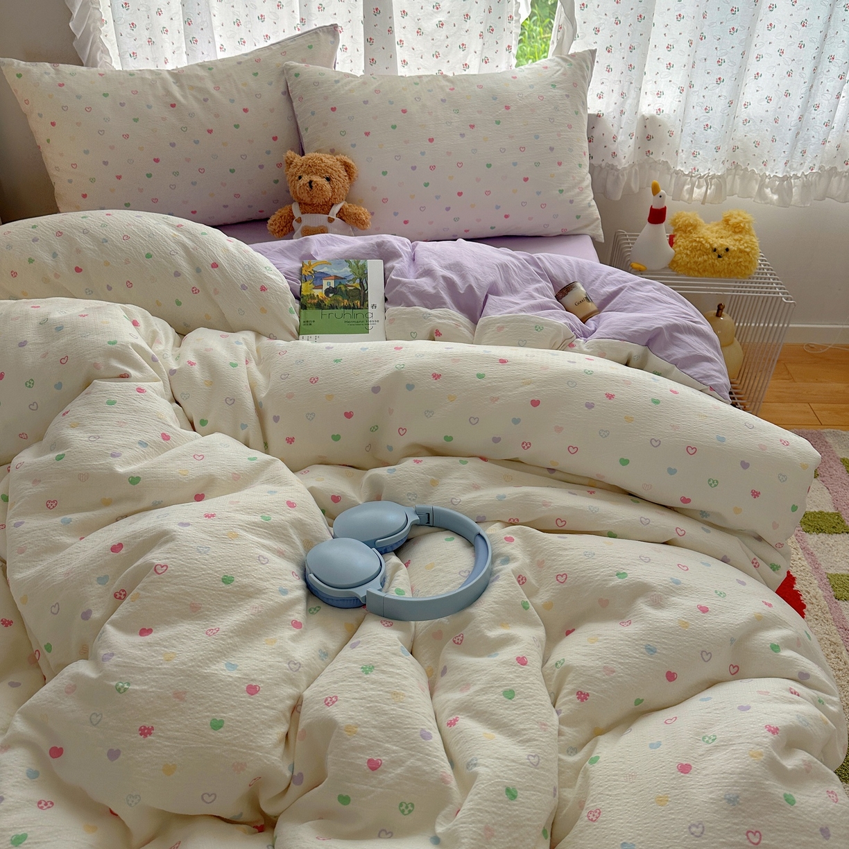 91家纺网 家纺一手货源 找家纺 顾里家纺 2025新款韩系奶萌云朵棉四件套 彩爱心