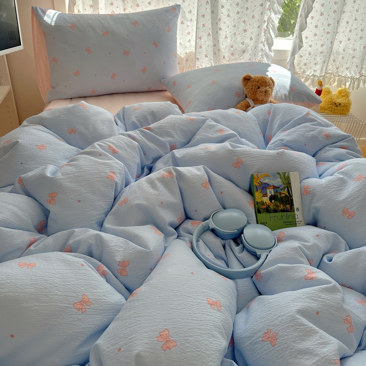 91家纺网 家纺一手货源 找家纺 顾里家纺 2025新款韩系奶萌云朵棉四件套 少女结