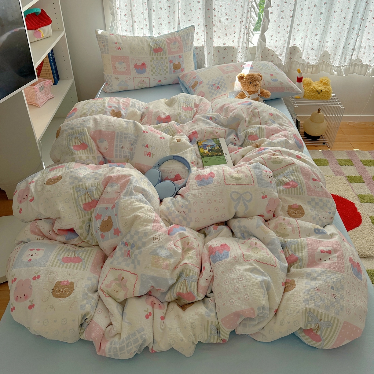 91家纺网 家纺一手货源 找家纺 顾里家纺 2025新款韩系奶萌云朵棉四件套 拼图好友