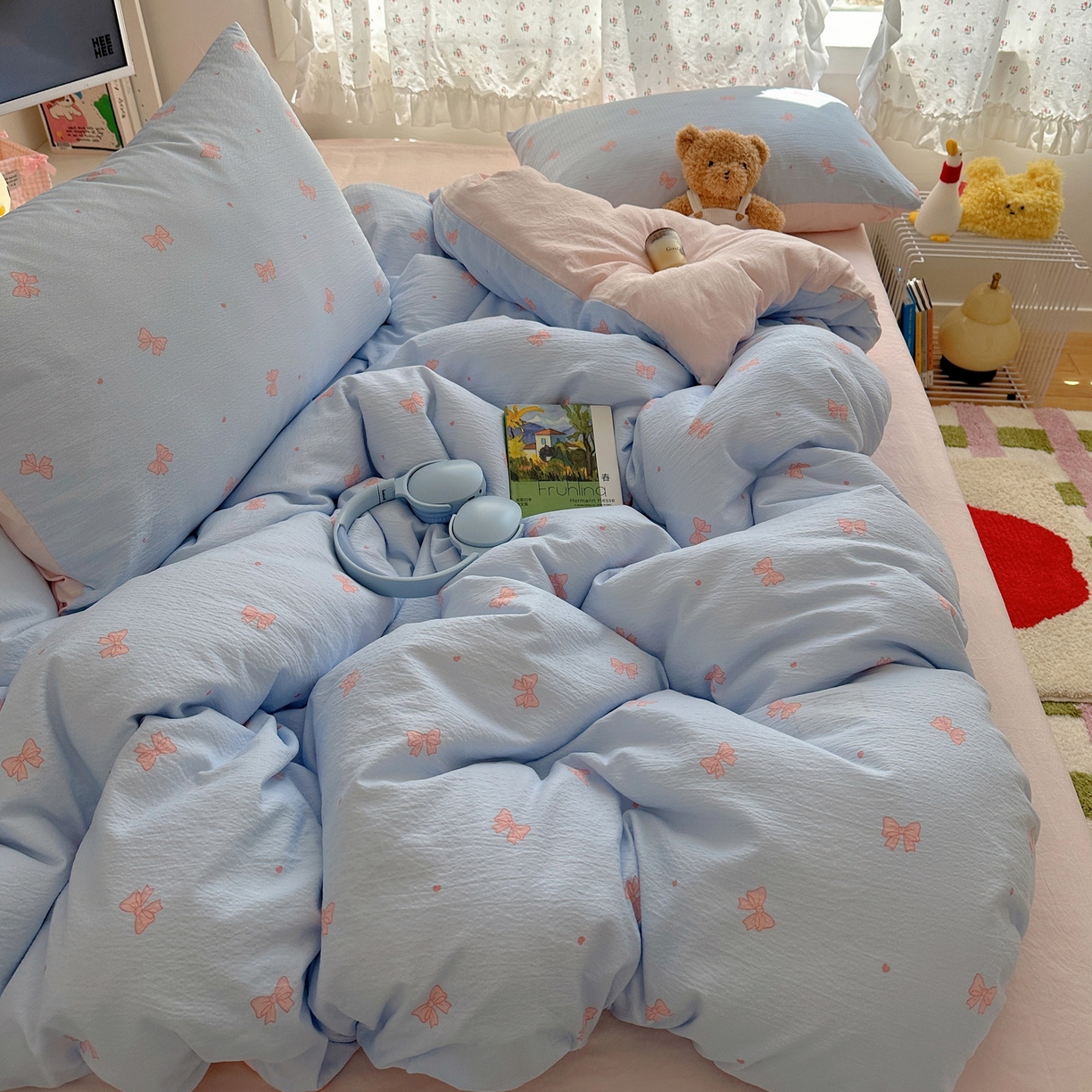 91家纺网 家纺一手货源 找家纺 顾里家纺 2025新款韩系奶萌云朵棉四件套 少女结