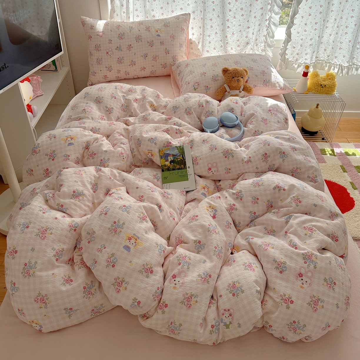 91家纺网 家纺一手货源 找家纺 顾里家纺 2025新款韩系奶萌云朵棉四件套 甜茶花猫