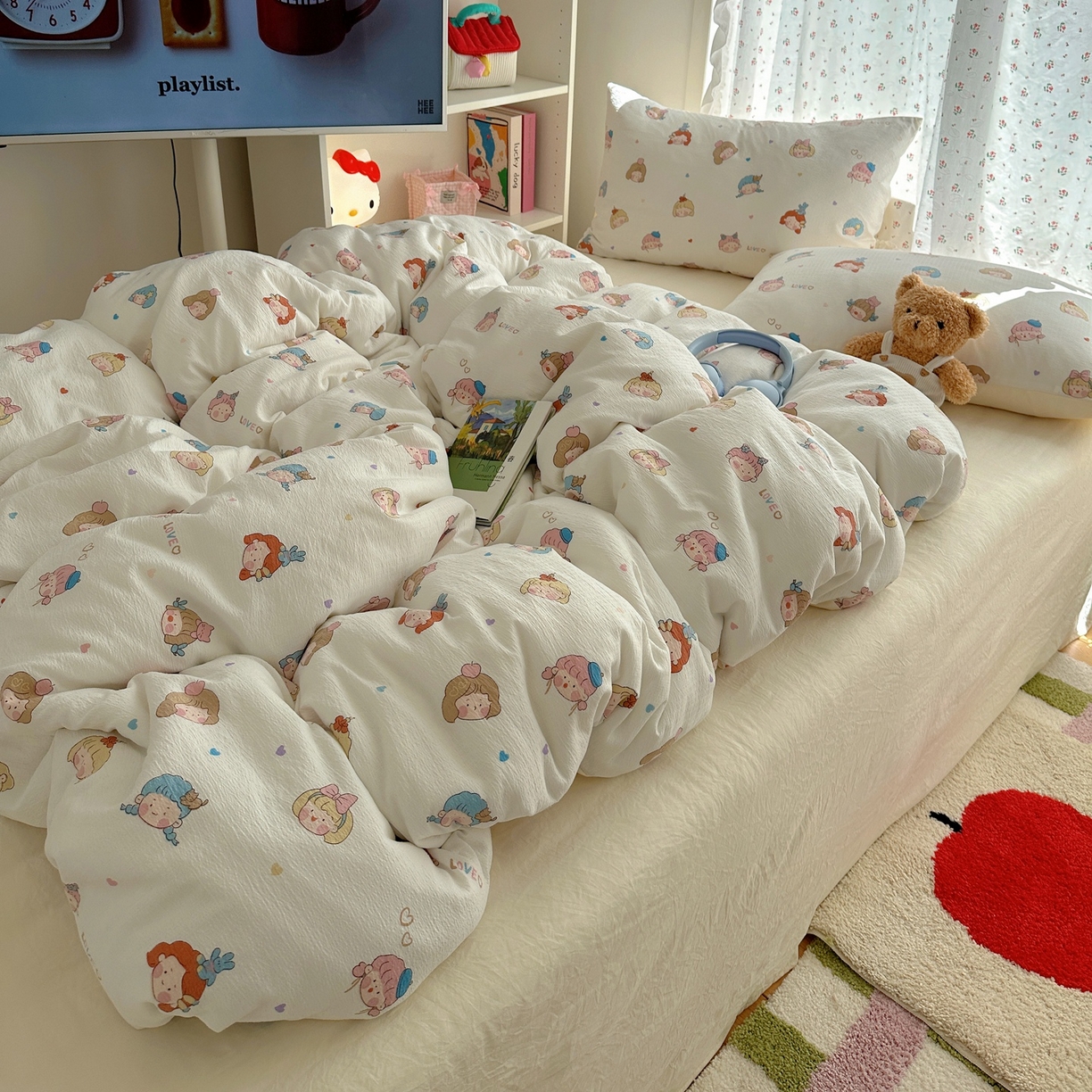 91家纺网 家纺一手货源 找家纺 顾里家纺 2025新款韩系奶萌云朵棉四件套 幼稚园