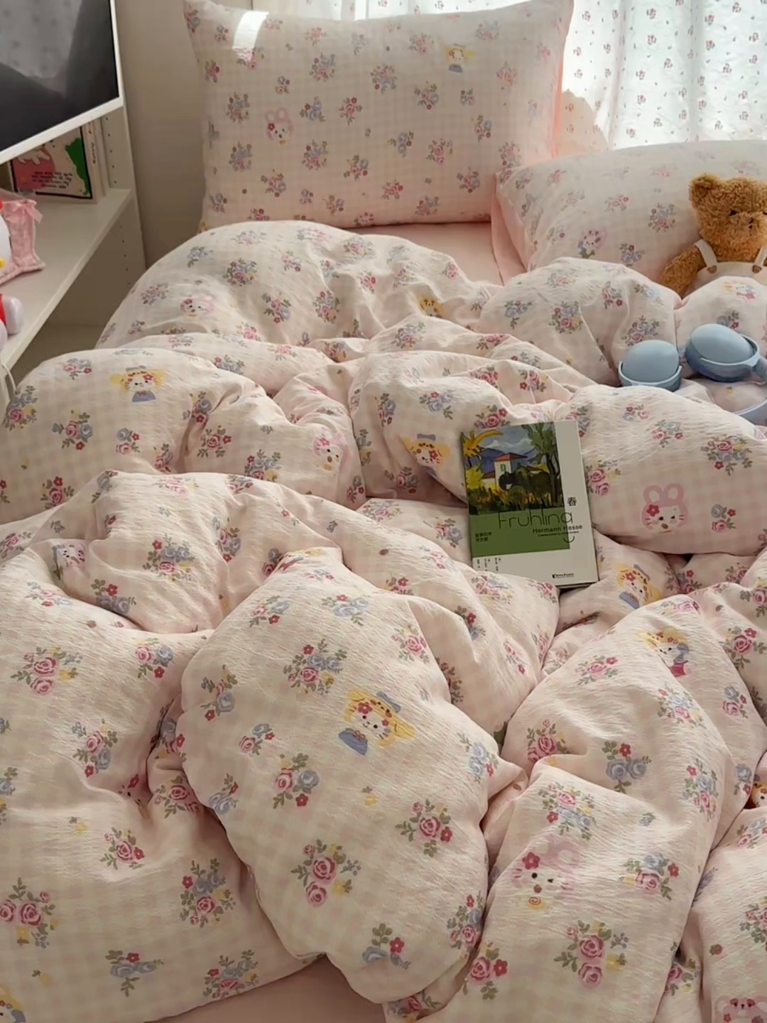 91家纺网 家纺一手货源 找家纺 顾里家纺 2025新款韩系奶萌云朵棉四件套 甜茶花猫