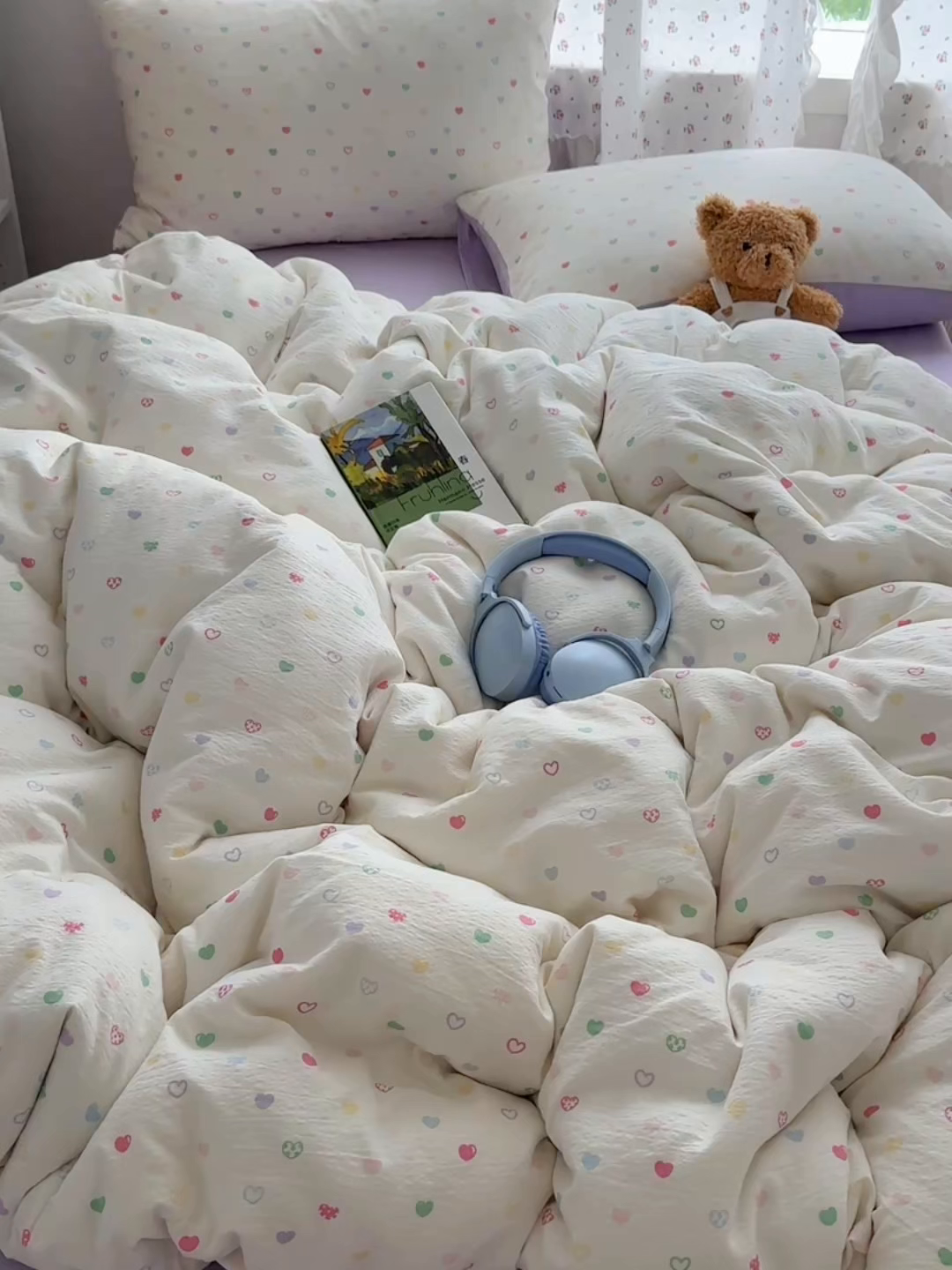 91家纺网 家纺一手货源 找家纺 顾里家纺 2025新款韩系奶萌云朵棉四件套 彩爱心