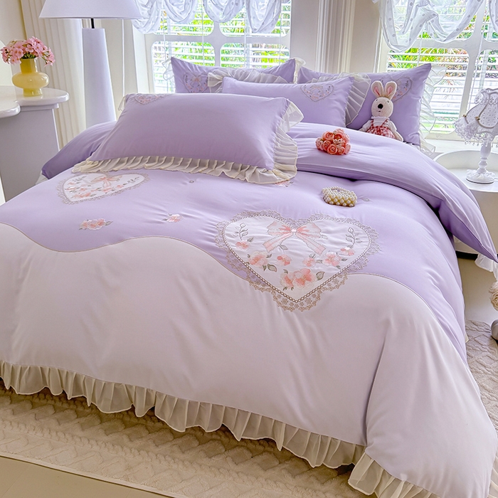 慕语家纺 2025新款少女系贴布绣蕾丝花边水洗磨毛棉四件套--芳菲系列（专版花型） 芳菲-浅紫