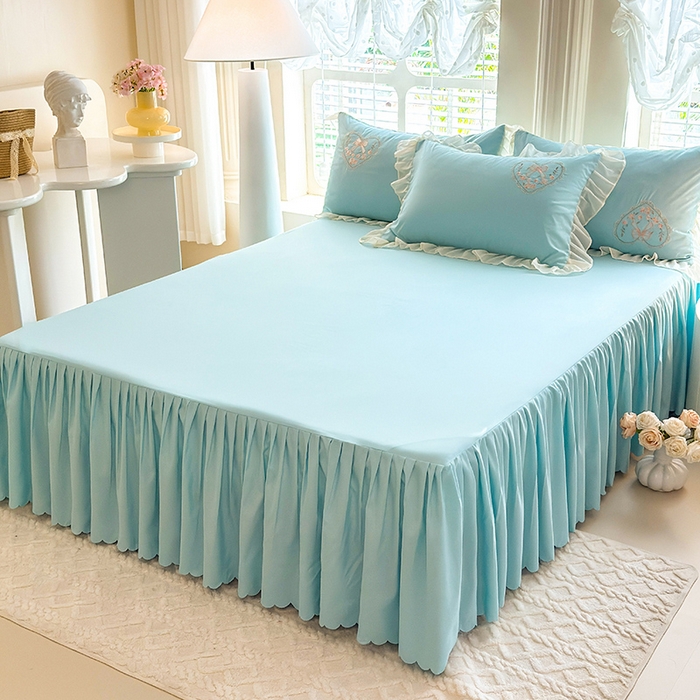 91家纺网 家纺一手货源 找家纺 慕语家纺 2025新款少女系贴布绣蕾丝花边水洗磨毛棉四件套--芳菲系列（专版花型） 芳菲-水绿