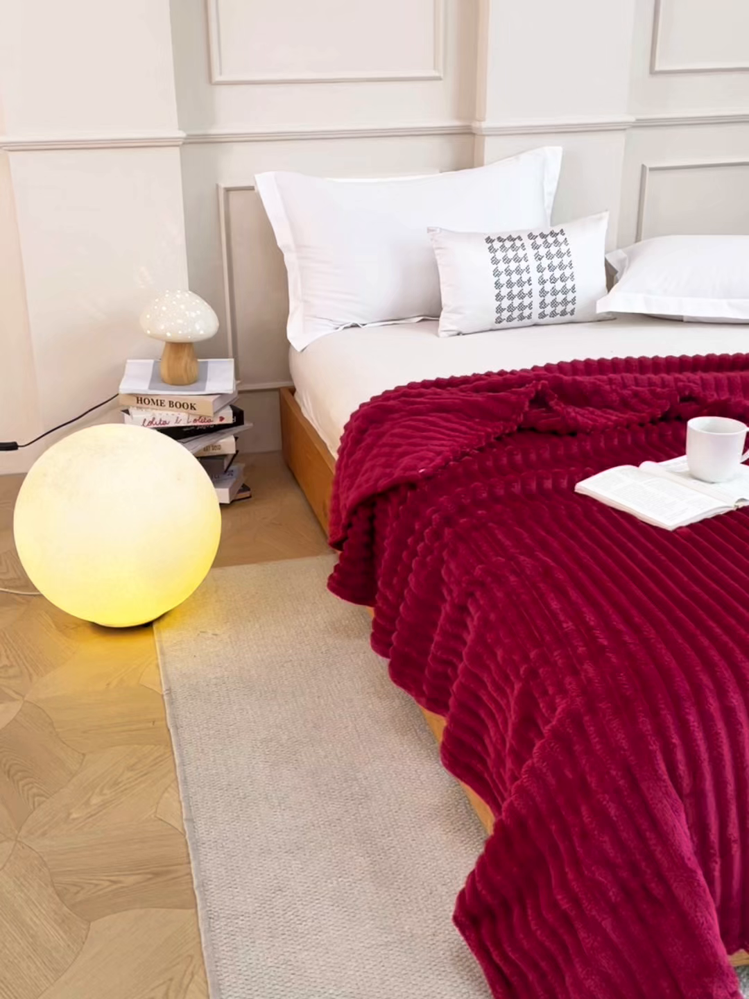 91家纺网 家纺一手货源 找家纺 安琪家纺 2025新款280克直播爆品兔毛绒高克重多功能抽条毛毯盖毯午睡毯跨境外贸 酒红