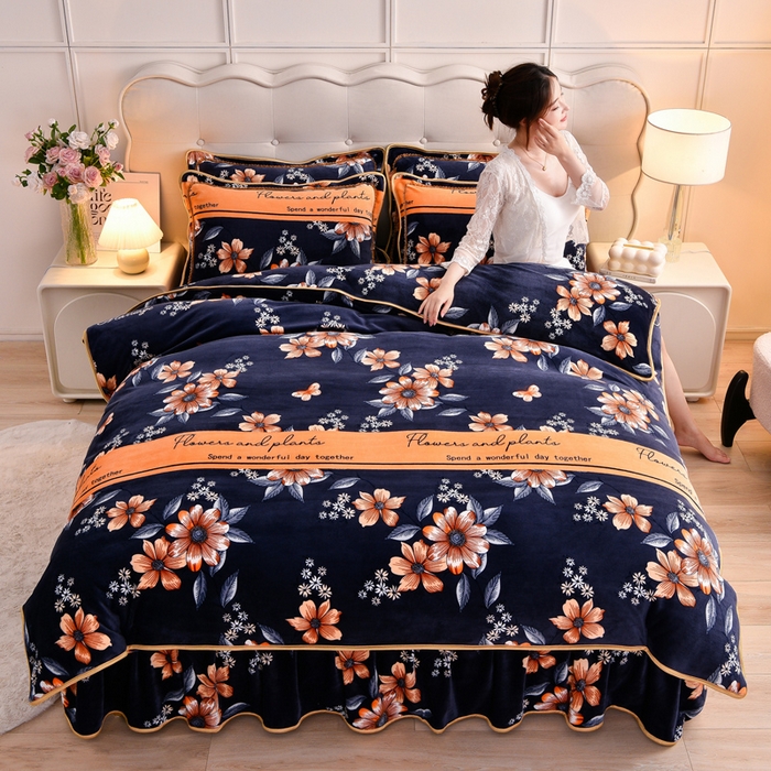 91家纺网 家纺一手货源 找家纺 绒宴 2025新款8.5斤牛奶绒金貂法莱绒床裙款保暖四件套 花海