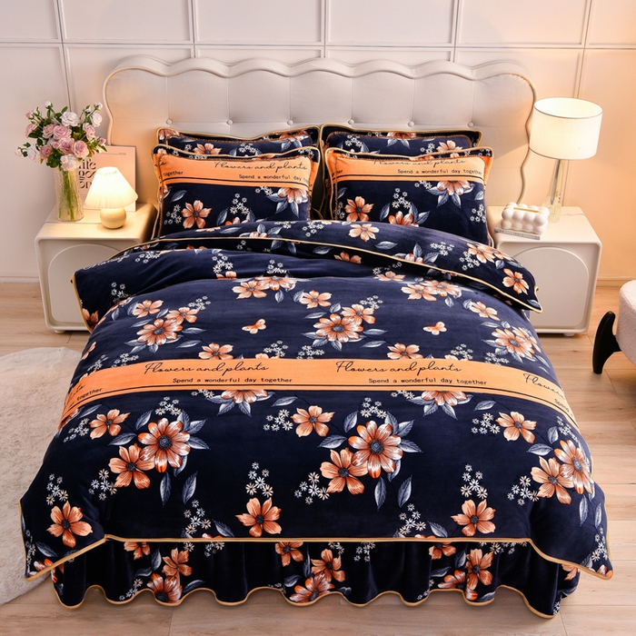 91家纺网 家纺一手货源 找家纺 绒宴 2025新款8.5斤牛奶绒金貂法莱绒床裙款保暖四件套 花海