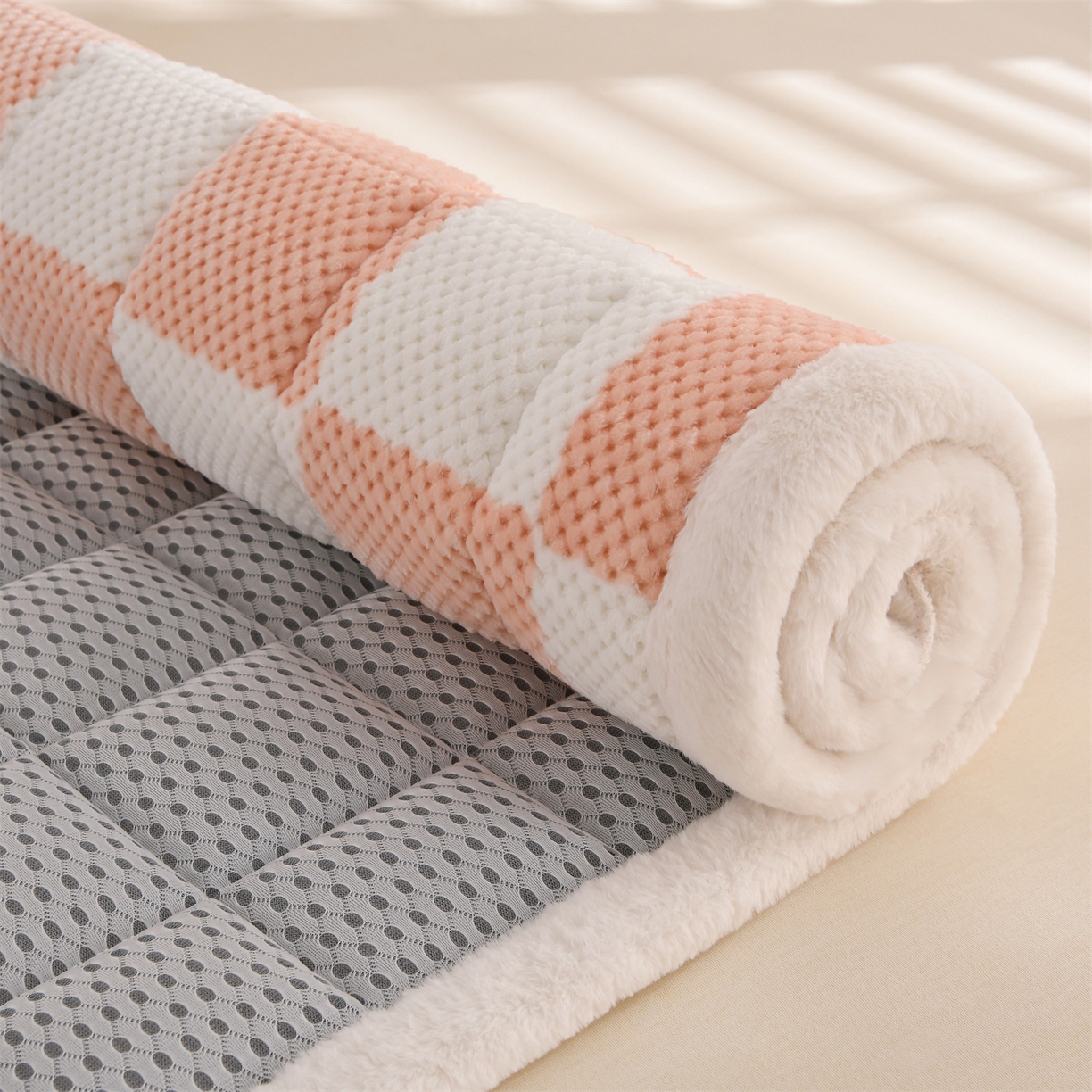 91家纺网 家纺一手货源 找家纺 云木里 2025新款豆豆绒床垫床褥床护垫 樱花粉