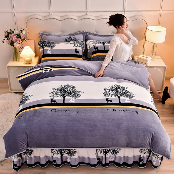 91家纺网 家纺一手货源 找家纺 绒宴 2025新款8.5斤牛奶绒金貂法莱绒床裙款保暖四件套 林中有鹿