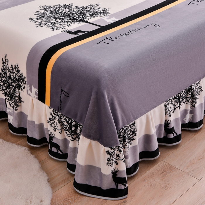 91家纺网 家纺一手货源 找家纺 绒宴 2025新款8.5斤牛奶绒金貂法莱绒床裙款保暖四件套 林中有鹿