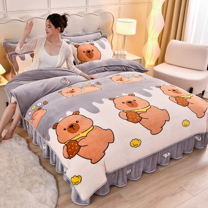 绒宴 2025新款8.5斤牛奶绒金貂法莱绒床裙款保暖四件套 萌豚卡皮