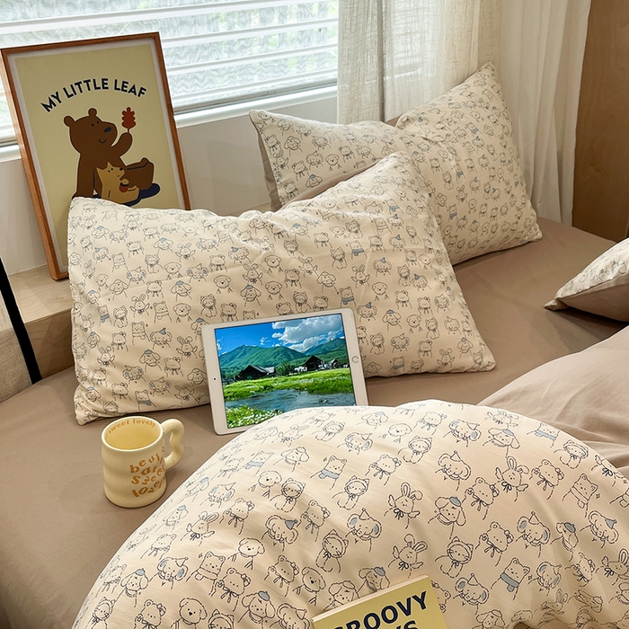 91家纺网 家纺一手货源 找家纺  金梦拉2025新款A类提花人字纹小布袋款四件套线条小狗