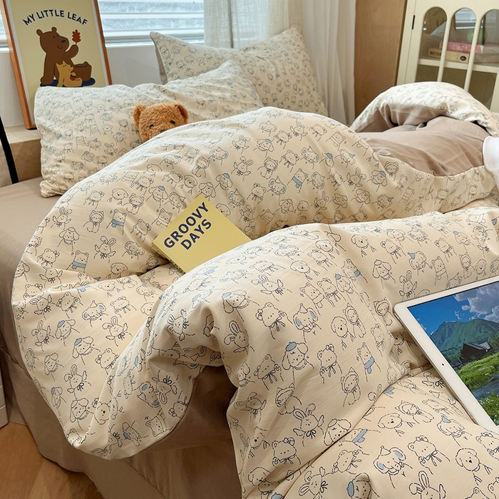 91家纺网 家纺一手货源 找家纺  金梦拉2025新款A类提花人字纹小布袋款四件套线条小狗