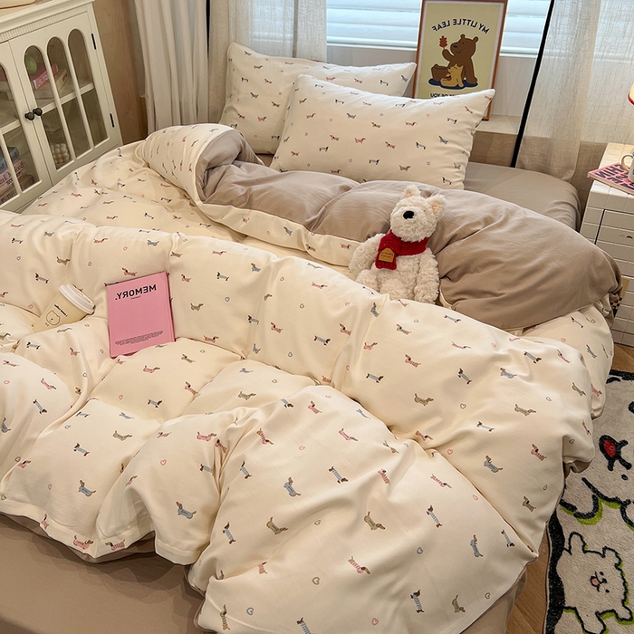 91家纺网 家纺一手货源 找家纺  金梦拉2025新款A类提花人字纹小布袋款四件套椰椰奶狗