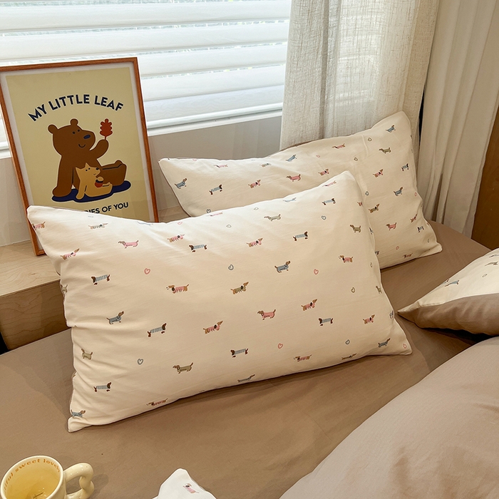 91家纺网 家纺一手货源 找家纺  金梦拉2025新款A类提花人字纹小布袋款四件套椰椰奶狗