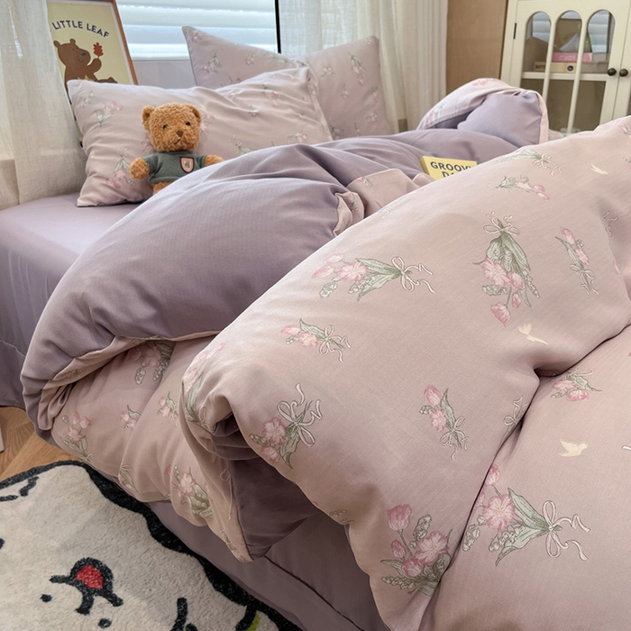 91家纺网 家纺一手货源 找家纺  金梦拉2025新款A类提花人字纹小布袋款四件套郁金香