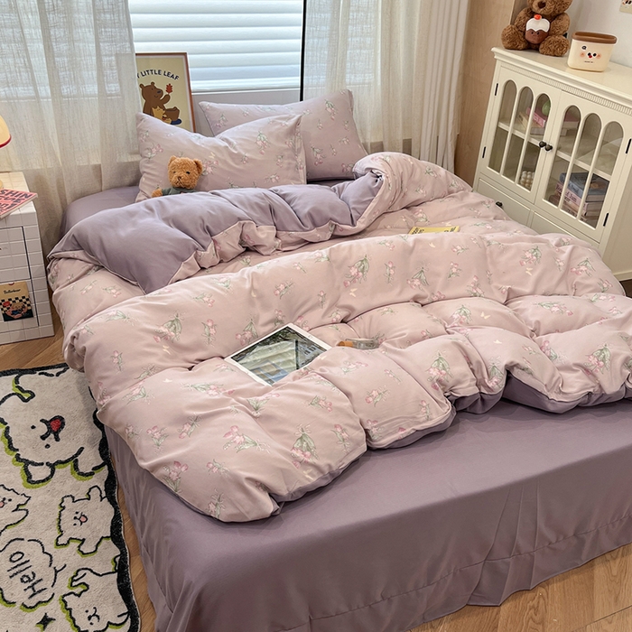 91家纺网 家纺一手货源 找家纺  金梦拉2025新款A类提花人字纹小布袋款四件套郁金香