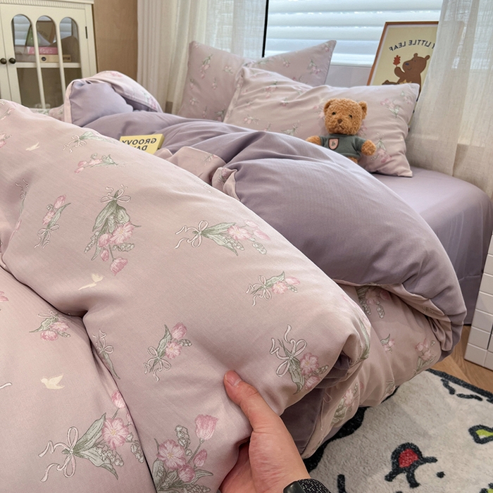 91家纺网 家纺一手货源 找家纺  金梦拉2025新款A类提花人字纹小布袋款四件套郁金香