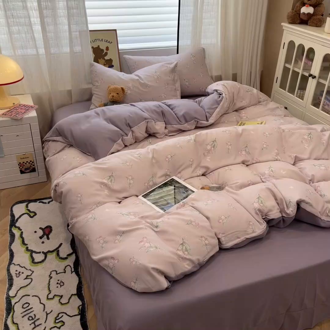 91家纺网 家纺一手货源 找家纺  金梦拉2025新款A类提花人字纹小布袋款四件套郁金香