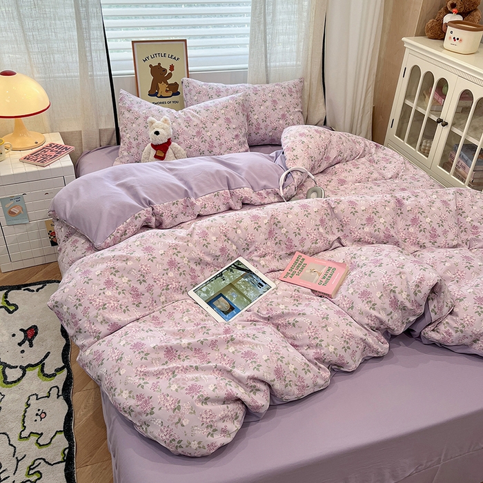 91家纺网 家纺一手货源 找家纺  金梦拉2025新款A类提花人字纹小布袋款四件套紫藤香