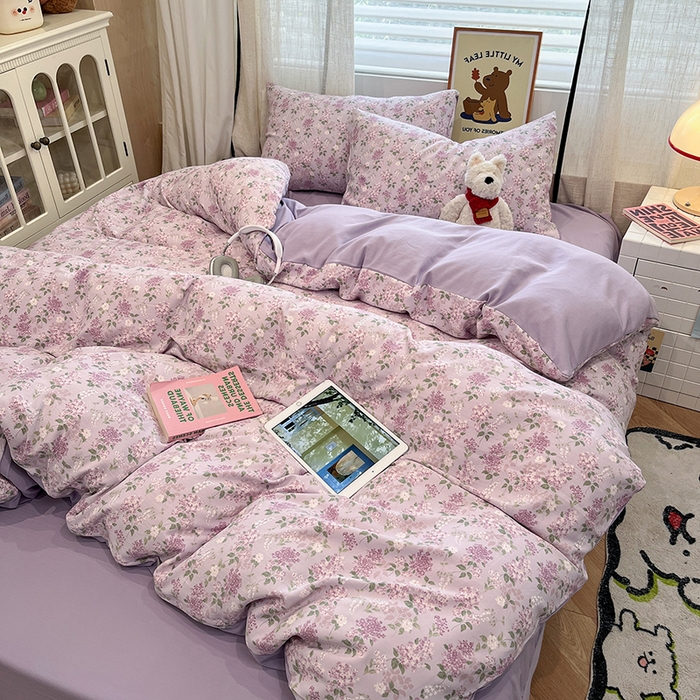 91家纺网 家纺一手货源 找家纺  金梦拉2025新款A类提花人字纹小布袋款四件套紫藤香