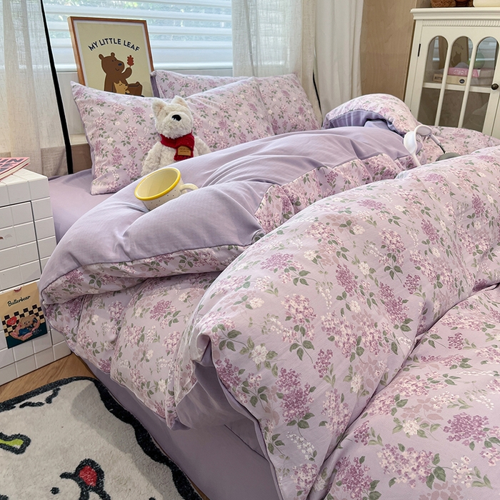 91家纺网 家纺一手货源 找家纺  金梦拉2025新款A类提花人字纹小布袋款四件套紫藤香