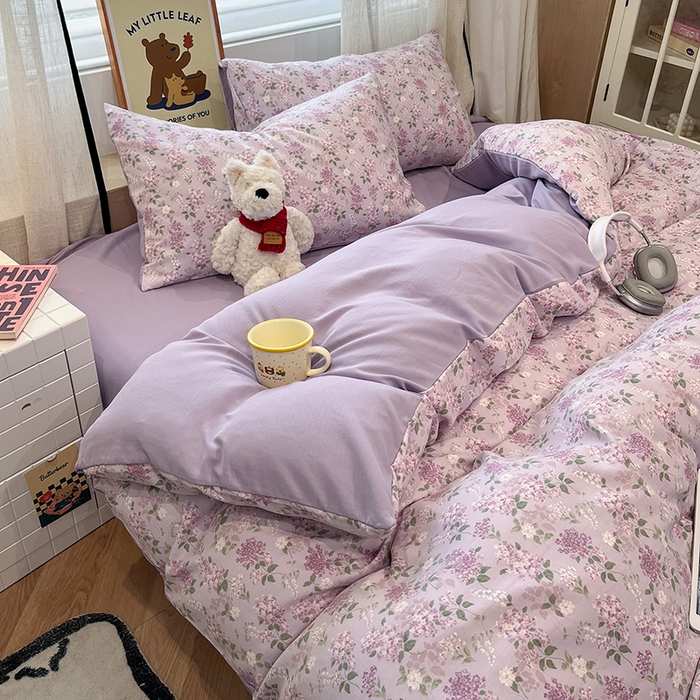 91家纺网 家纺一手货源 找家纺  金梦拉2025新款A类提花人字纹小布袋款四件套紫藤香