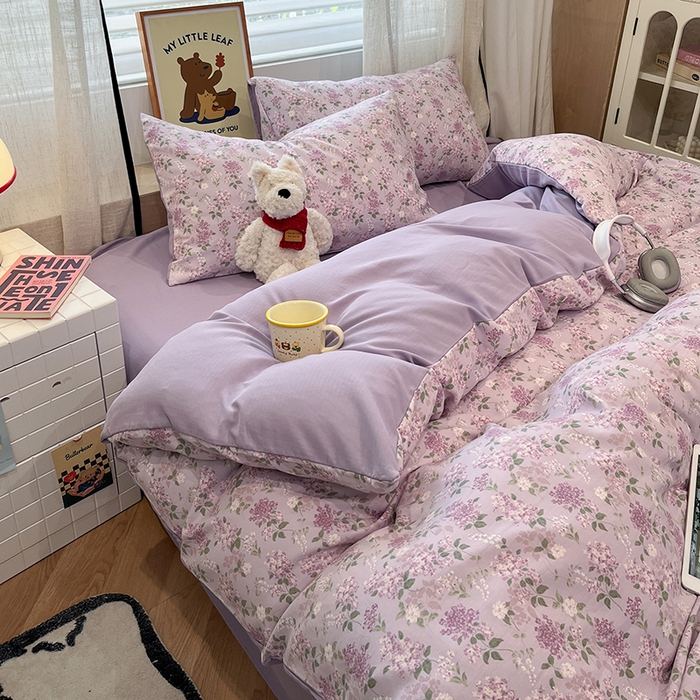 91家纺网 家纺一手货源 找家纺  金梦拉2025新款A类提花人字纹小布袋款四件套紫藤香