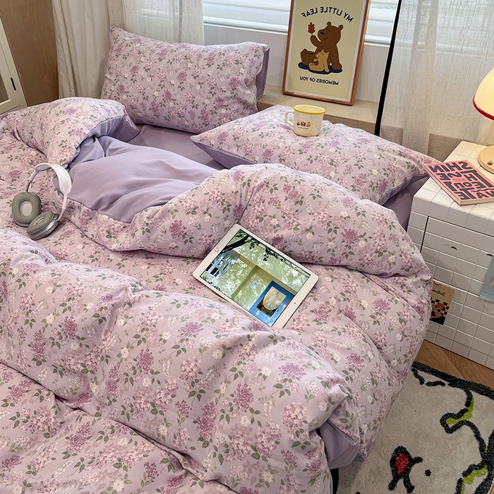 91家纺网 家纺一手货源 找家纺  金梦拉2025新款A类提花人字纹小布袋款四件套紫藤香