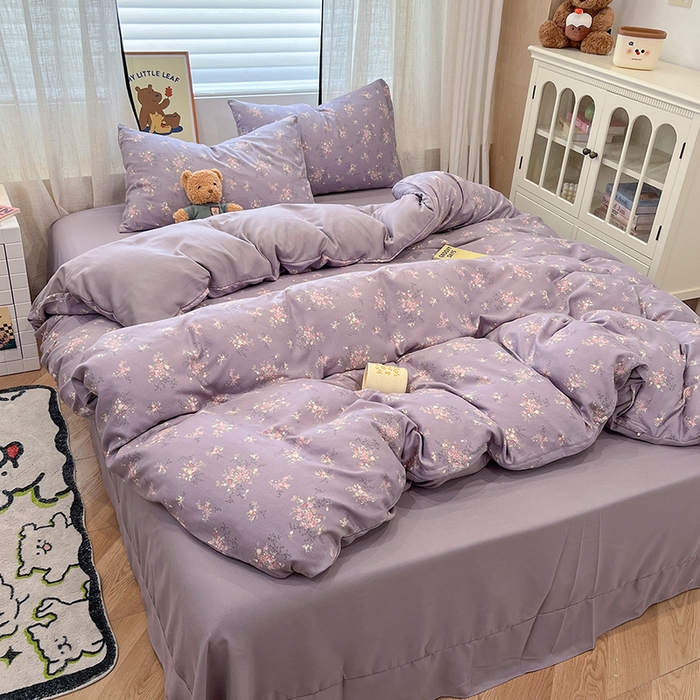 91家纺网 家纺一手货源 找家纺  金梦拉2025新款A类提花人字纹小布袋款四件套紫薰