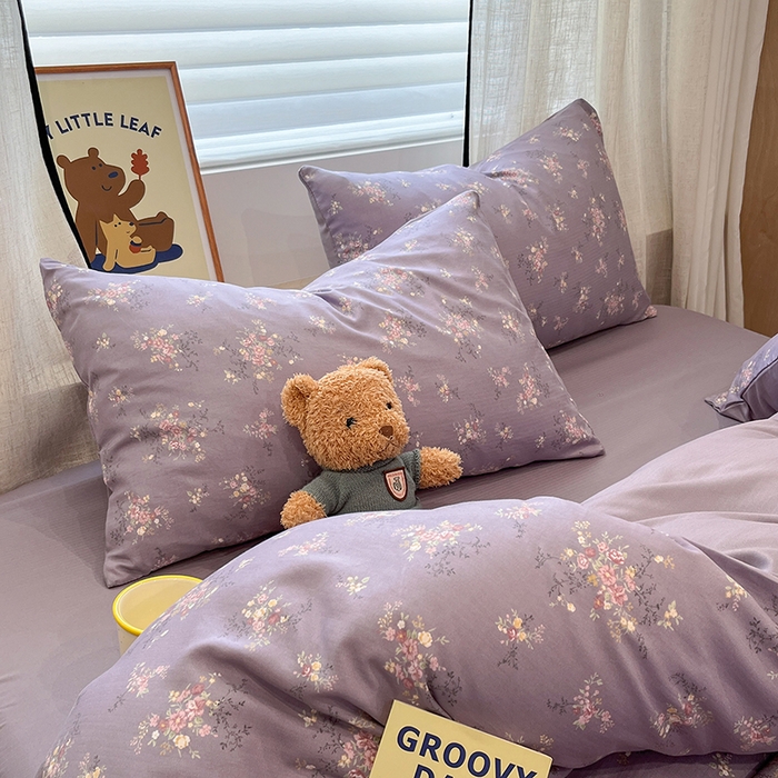 91家纺网 家纺一手货源 找家纺  金梦拉2025新款A类提花人字纹小布袋款四件套紫薰