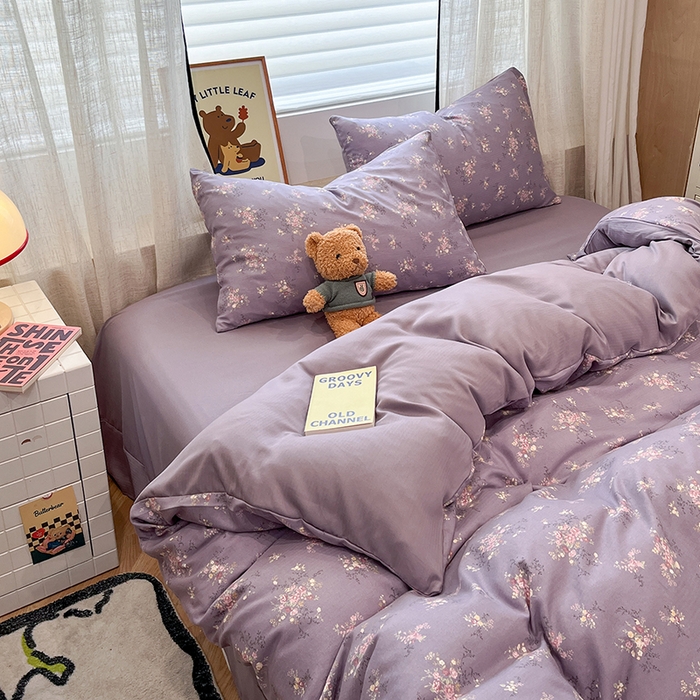 91家纺网 家纺一手货源 找家纺  金梦拉2025新款A类提花人字纹小布袋款四件套紫薰