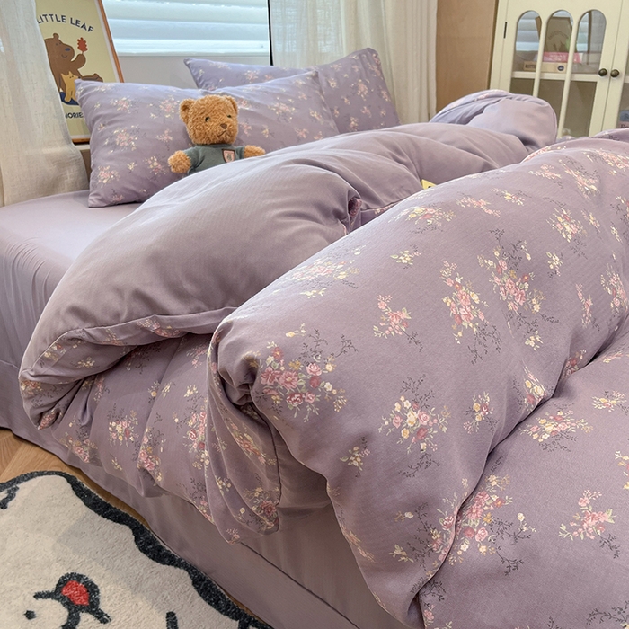 91家纺网 家纺一手货源 找家纺  金梦拉2025新款A类提花人字纹小布袋款四件套紫薰