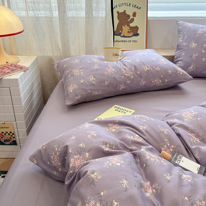 91家纺网 家纺一手货源 找家纺  金梦拉2025新款A类提花人字纹小布袋款四件套紫薰